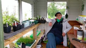 Potting shed with proud owner Potting shed with proud owner